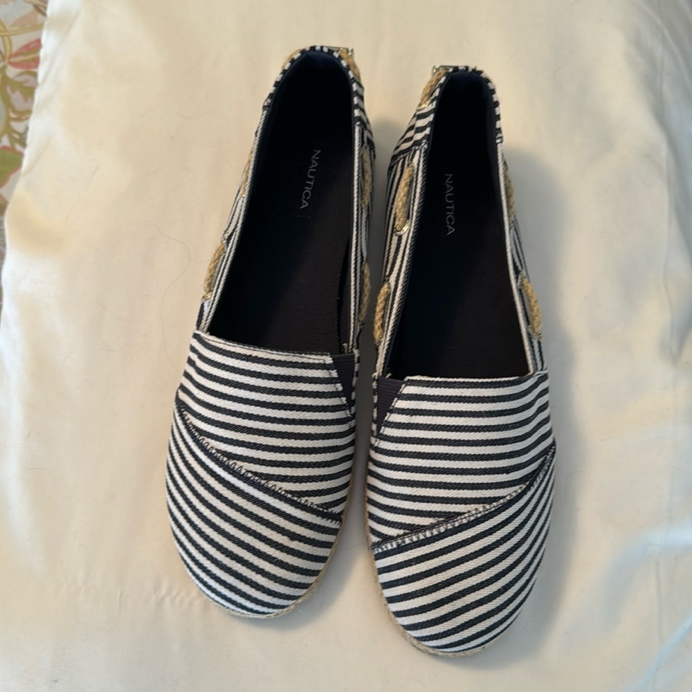 Nautica blue and white stripe espadrilles.